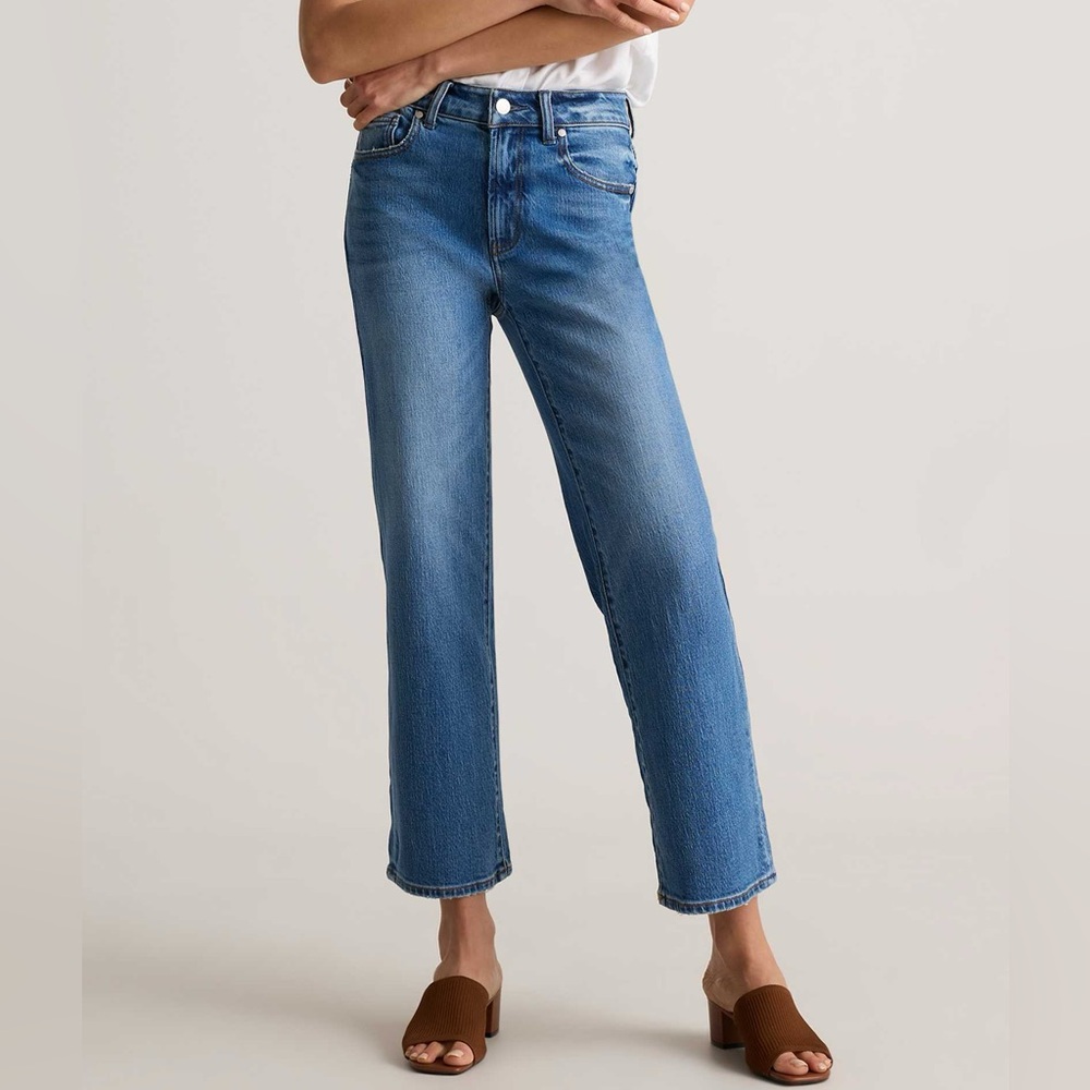 Quince Bella Stretch Cropped Straight Leg High Waisted Medium Wash Jeans